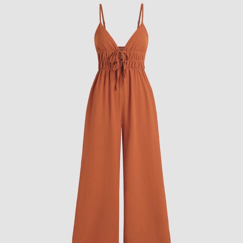 SOLID SHIRRED KNOTTED V-NECK JUMPSUIT CiDER sz 6 Medium